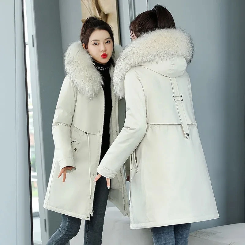 2022 New Women Winter Jacket 8XL Slim Long Coat Casual Parkas Big fur collar Wool Liner Hooded Outwear Cotton Warm Coats Female