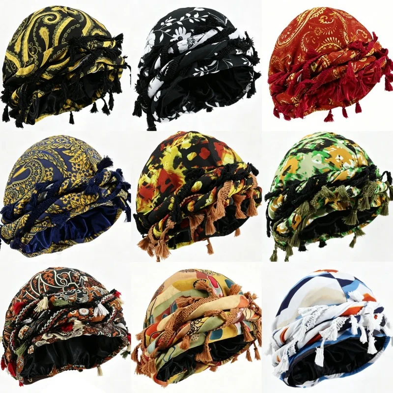Multi-colored double-layered satin-lined headscarf with tassel decoration Ethnic Turban suitable for both indoor and outdoor use