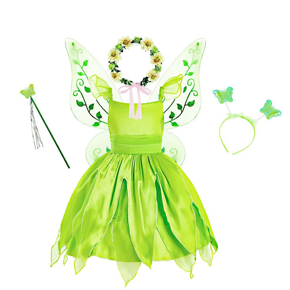 

Halloween children's costume Tiana cosplay green fairy princess dress Tinker Bell stage performance outfit