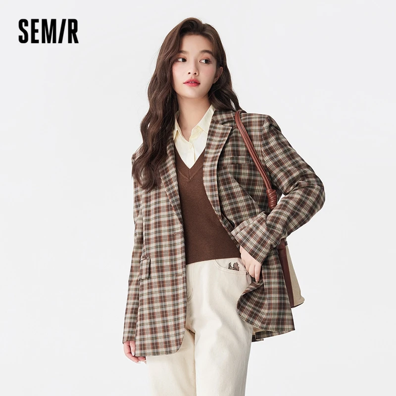 Semir Women Jacket Autumn New Mid-length Retro Fashion Plaid Suit  Loose Commuting Style  Trendy Design Jacket for Women