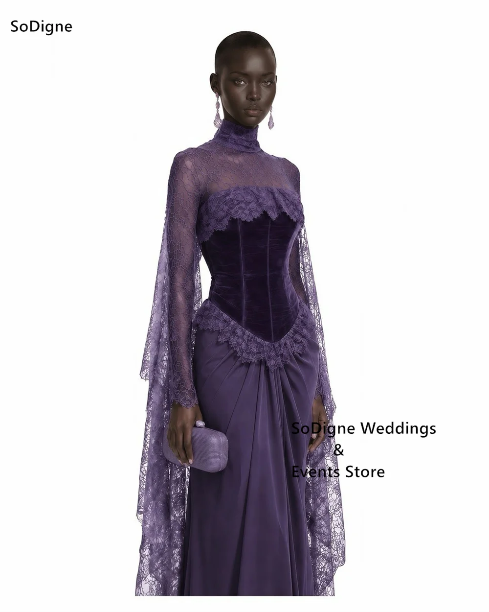 SoDigne Purple Velvet Lace Prom Dresses High Mock Neck Evening Dress Long Sleeve Draped Mermaid Evening Gown 2026 Customized