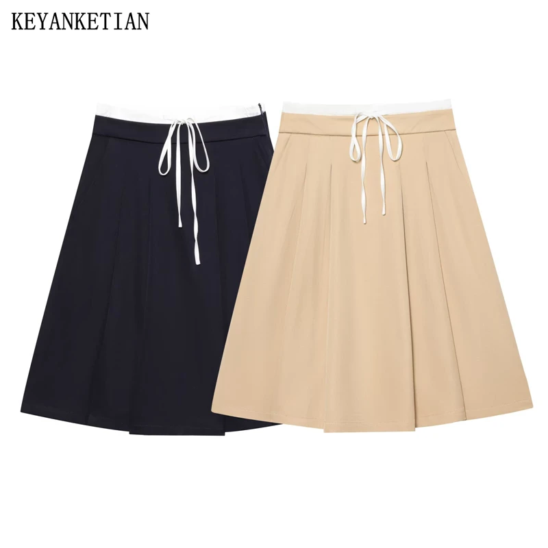 

KEYANKETIAN Autumn New Women's Contrasting Double-layer Waist Drawstring Tied With Side Zipper Pleated A-line Skirt