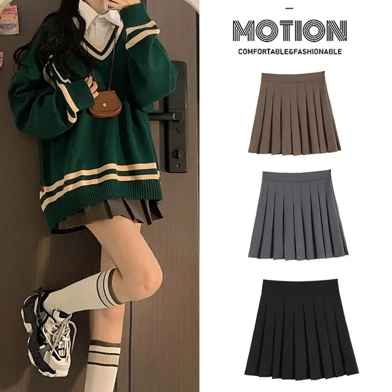 

Черная юбка А-силуэта с высокой талией в студенческом стиле JK, короткая, женская, модная, весенняя, утягивающая, средней длины