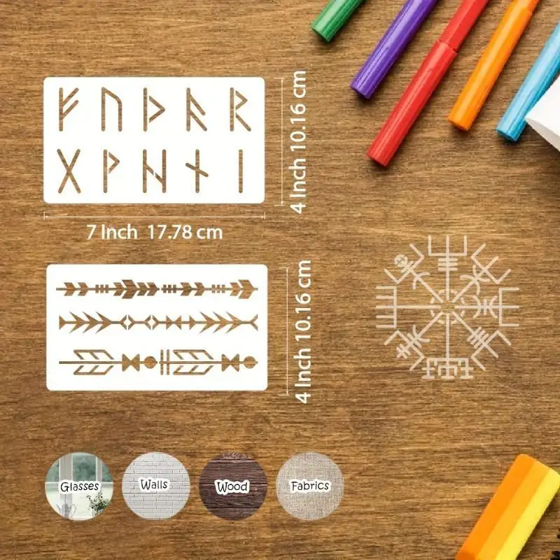 8Pcs Viking Rune Stencils Reusable PET Painting Templates Norse Symbol Arrow Border DIY Wall Wood Fabric Journal Craft Decor