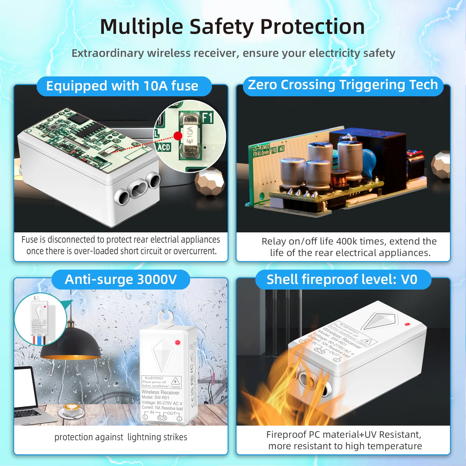 Paste Wireless Light Switch 433MHz Remote Control 10A Receiver 1000W Load 1-2-3 Position Waterproof Switch Kit for Ceiling