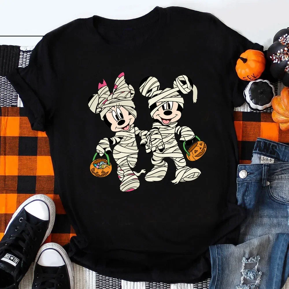 Camisetas divertidas con estampado de Mickey y Minnie para mujer, ropa de moda para Halloween, ropa de calle para niñas