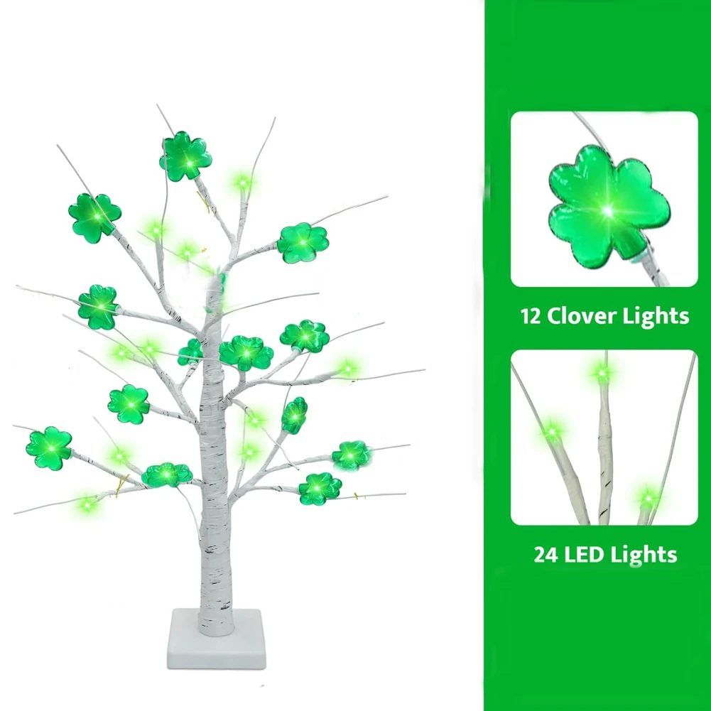 St Patricks Day Ornaments For Tree With Base Adjustable Branches 12 Clover Lights And 24 Green LEDs St Patricks Day Decorations