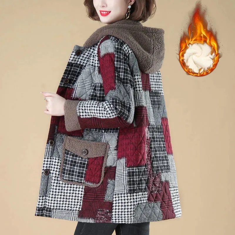

Warm Winter Clothes Women's Coat Middle-Aged Elderly Hooded Mid-Length Add Fleece Thicken Ladies Cotton Outerwear XQ251