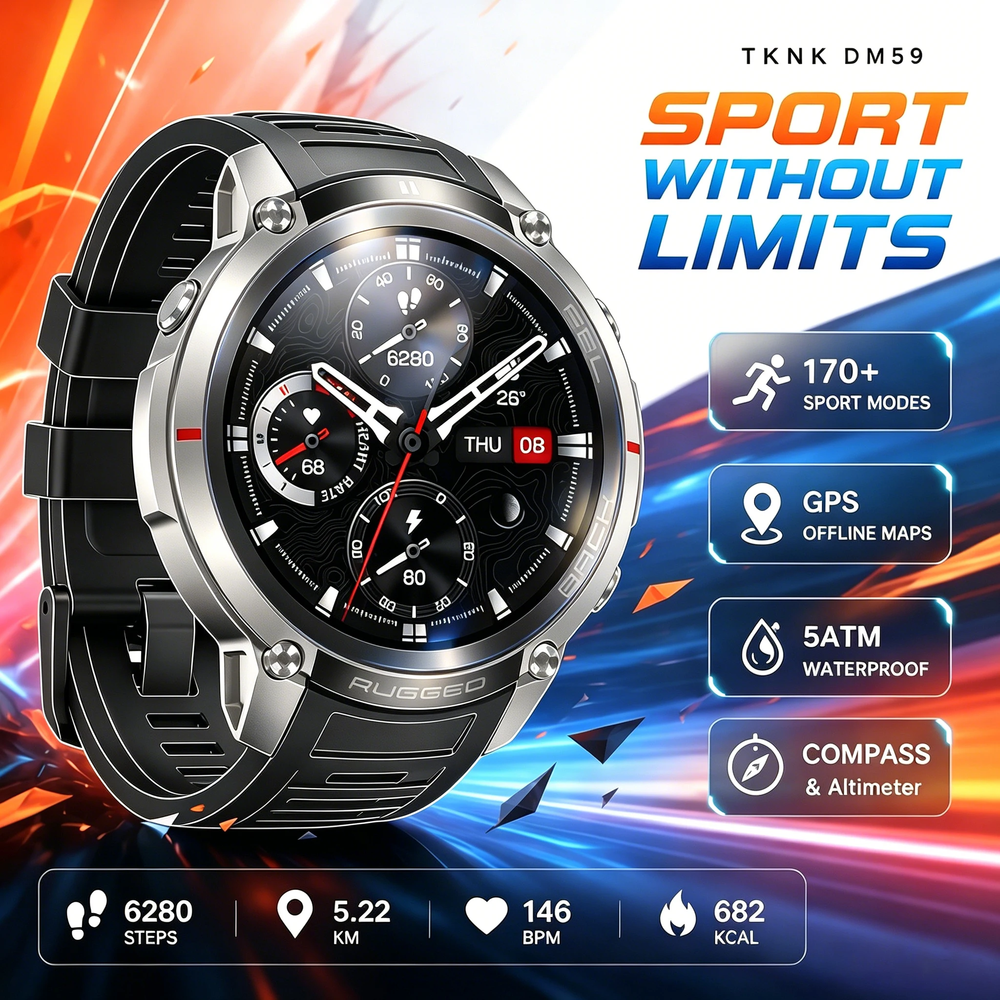 New Offline Map GPS Smart Watch 1.43'' AMOLED Display Built-in Compass Altimeter 170+ Sport Modes Waterproof Swim Smartwatch Men