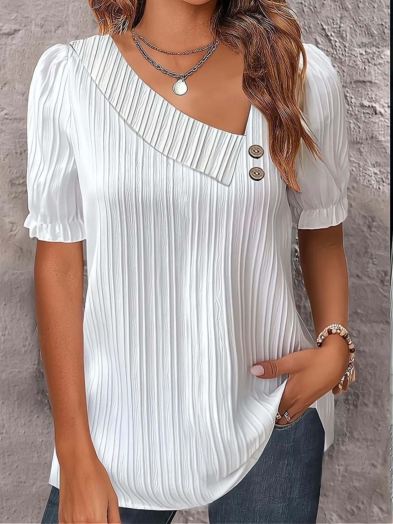 Elegant Women Blouse White Shirt 2023 Summer Simple V-neck Button Solid Top Office Lady Shirt S-XXL