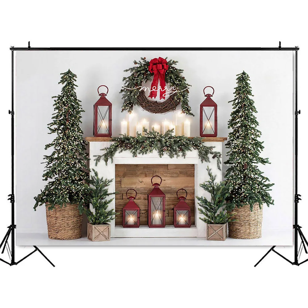 Christmas Fireplace Photography Backdrop White Candle Oil Painting Light Photo Booth Background Photocall Decoration Props