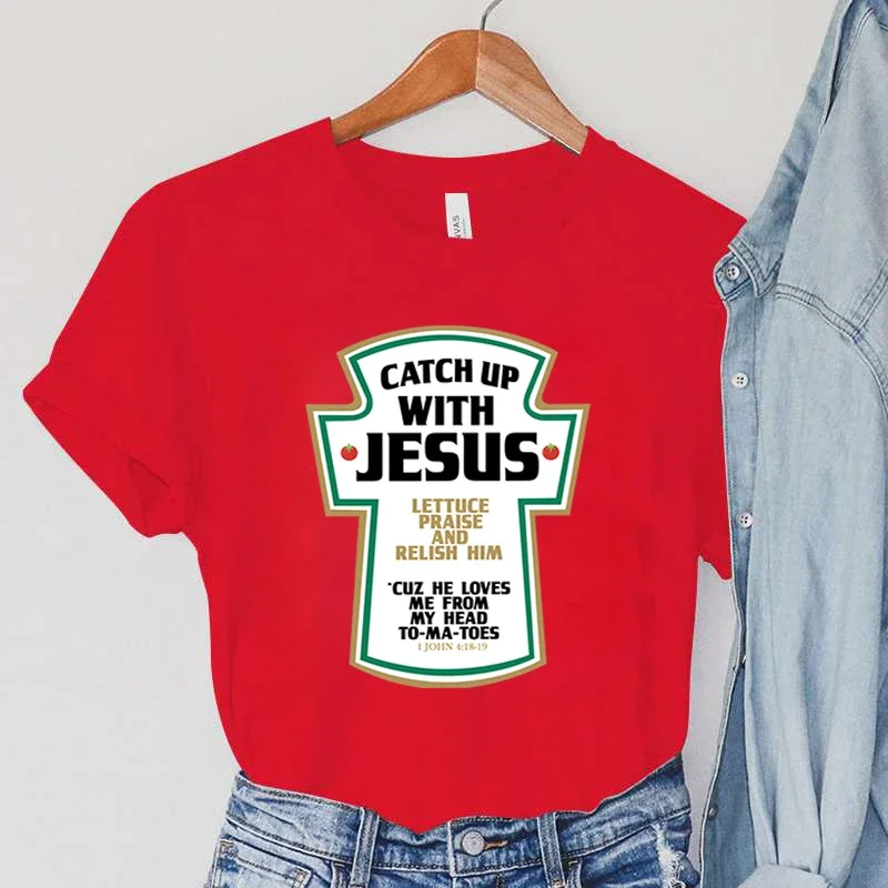 Catch Up with Jesus Women T-Shirts Vintage Bible Verses Female Tops Harajuku Christian Parody Short Sleeve Women\'s Clothing