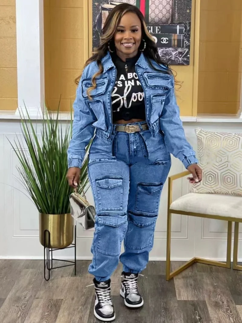 Streetwear Denim 2 Piece Sets Women Outfit Autumn Clothing Women 2026 Jean Jacket Top and Pant Sets Cowboy Two Pieces Woman Sets view 3