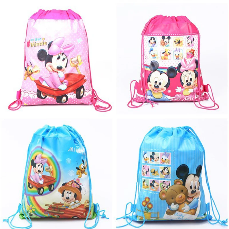 Ransel tali serut Disney Minnie Mickey Mouse, tas ransel pesta ulang tahun, tas tali serut non-tenun untuk anak-anak, tas sekolah berenang