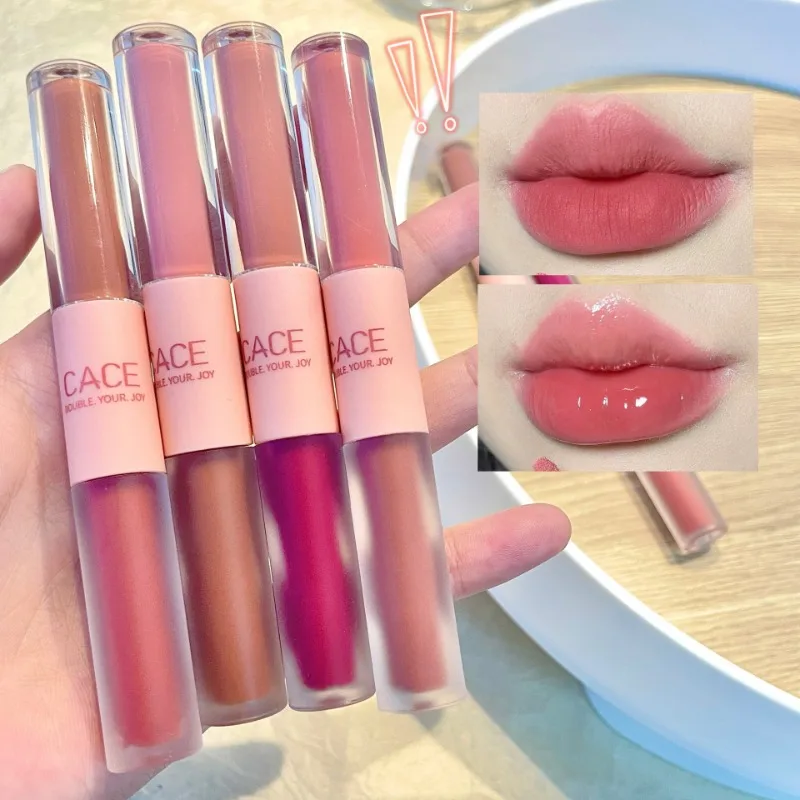 Espejo de esmalte de labios divertido de doble cabeza, brillo de agua, labio de cristal, fiesta de estudiantes, barro de labios de terciopelo mate