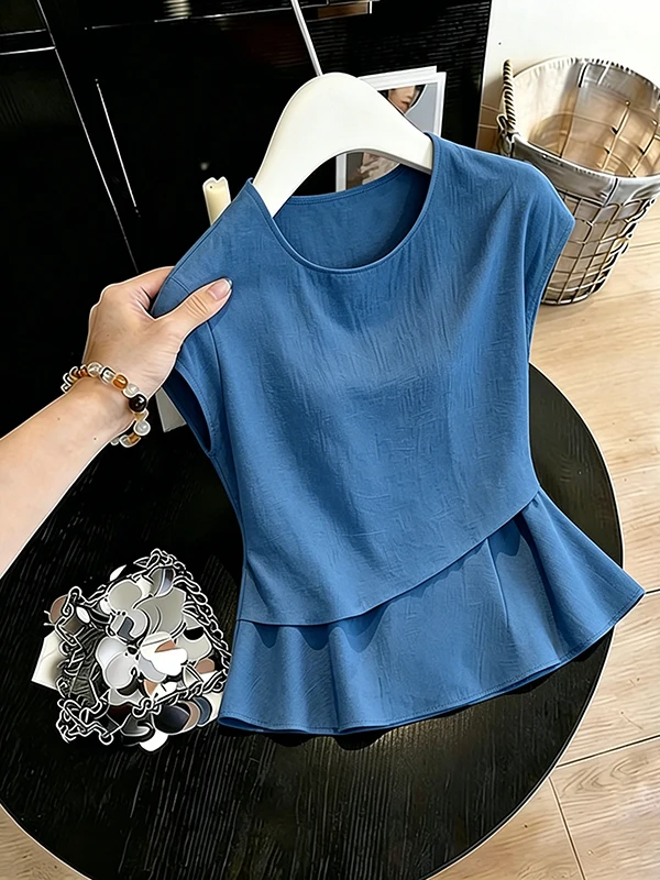 

Loose Fit round Neck Overhead Top Women's Fashionable Anti-Aging Blue Asymmetrical Waist-Cinching Shirt Korean Style Commute