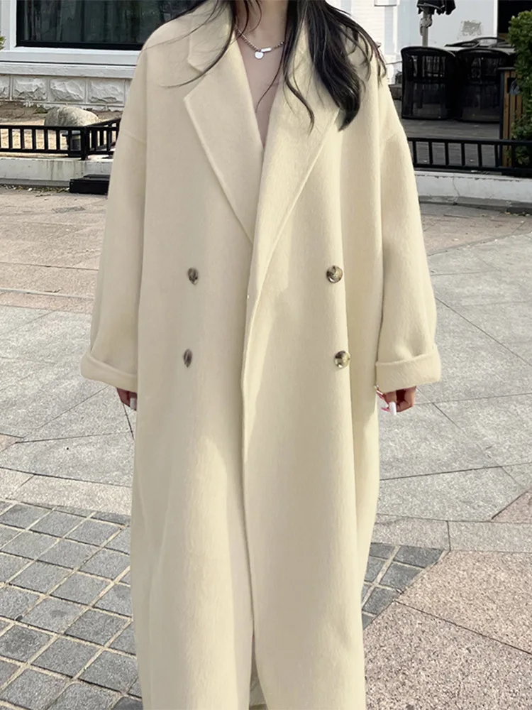 Korean-Style Mulberry Silk Wollen Jackets 2023 Autumn/Winter Suit Collar Double Breasted Loose Long Women Wool Coats