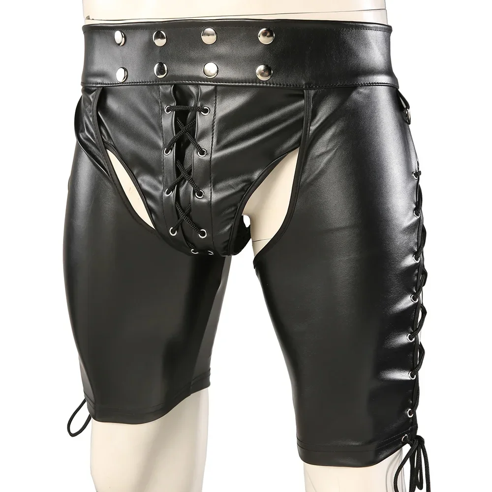 Men's Erotic Open Crotch Faux Leahter Boxers Shorts Adult Lace-up Backless Short Pants Sexy Gay Trunks Nightclub Wear Costumes