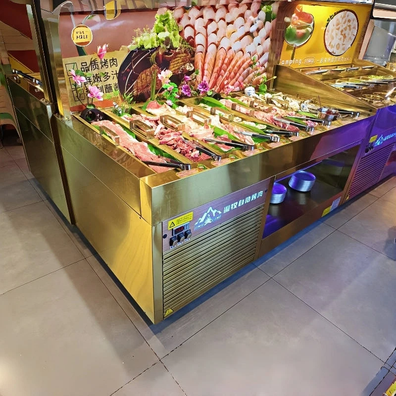 ثلاجة ذكية مدمجة باللون الذهبي الشامبانيا الفاخر الخفيف - إنشاء مساحة عرض للسلطات والأطباق الباردة في البوفيهات