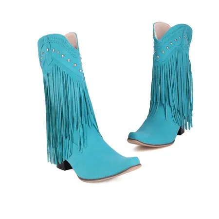 Moda Kobiety Retro Ethnic Western Cowboy Boots Block Medium Heels Tassel Fringe Kneehigh Boots Lady Winter Shoes Large Size 45