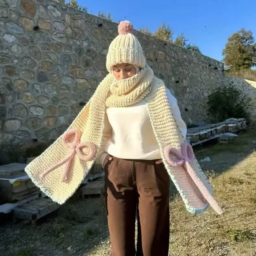 Autumn and Winter Thick Wool Ball Hat Knitted Wool Hat Pure Wool Hat Scarf Set Pure Hand Woven Pure  Female