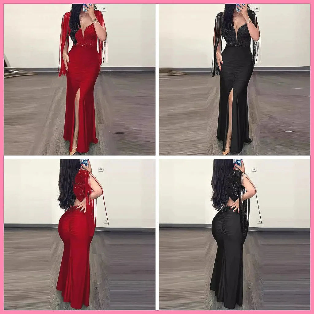 

Elegant Sequin Maxi Evening Dress with Fringed Sleeves, Party & Night Out Dress (Characters: 74)