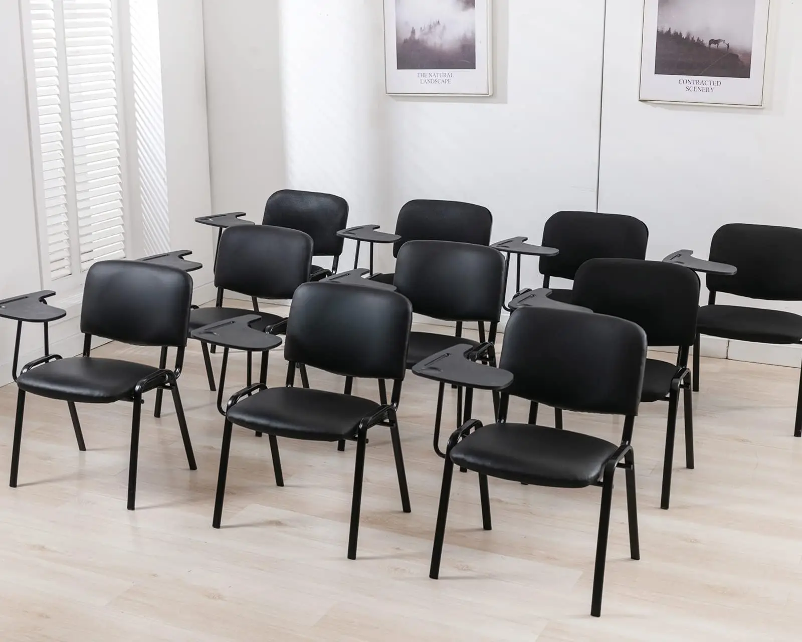 Black Tablet Arm Chairs Set of 5, PU Comfort Office Waiting Room Guest Nesting Stacking Reception Chairs with Flip-Up