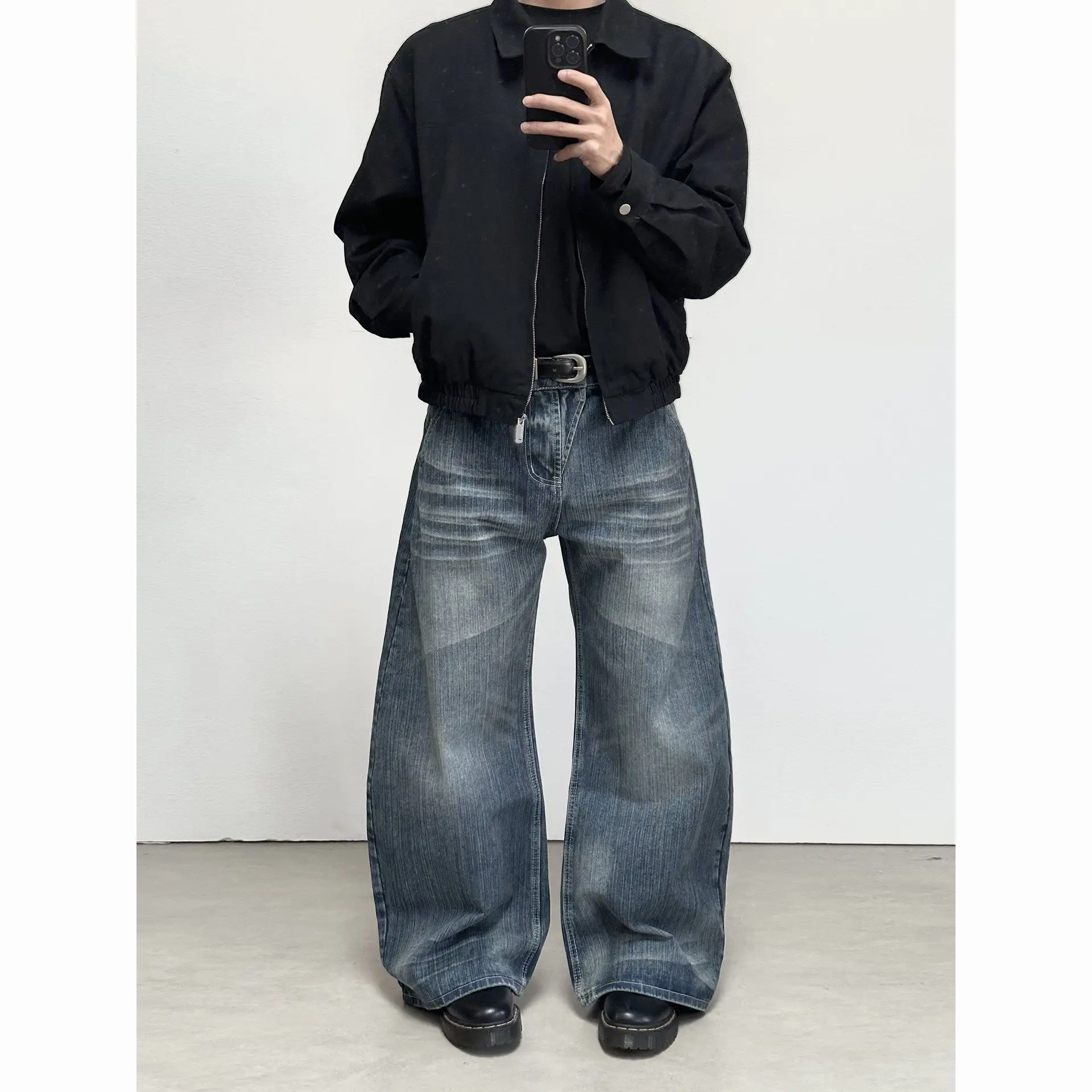 Men's Retro Blue Wide Leg Jeans Street Style Cool Boy Pants High Waist Bottoms Male Straight Trousers Casual Sweatpants