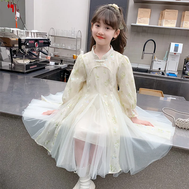 

Girls' Spring New Fashionable Big Kids Princess Dress Children's Spring New Chinese Style Long Sleeve Dress