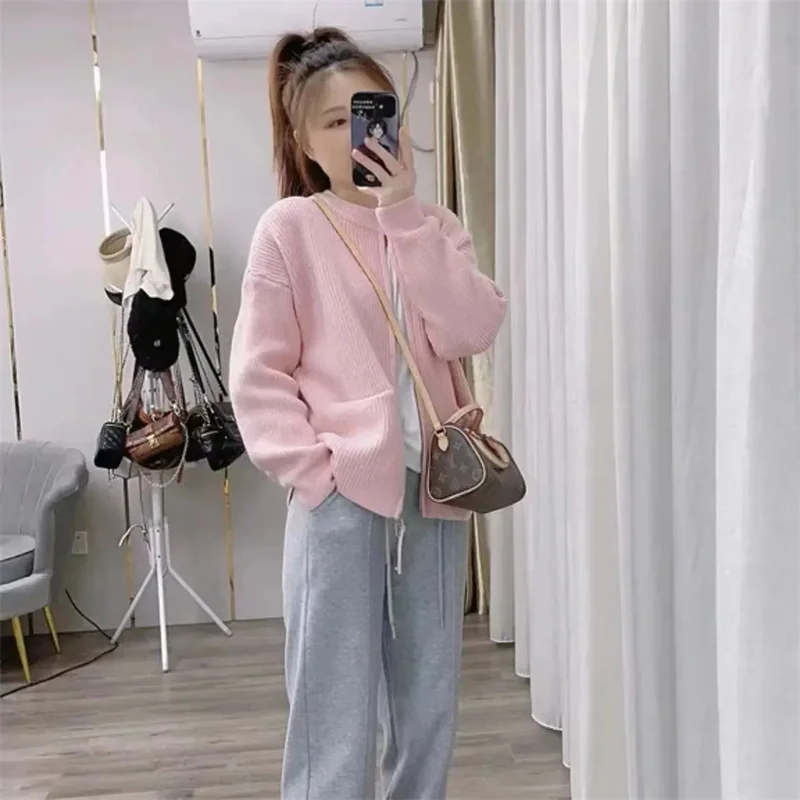 2023 Spring Autumn New Lazy Style High Grade Vertical Pit Stripe Double Head Zipper Round Neck Cardigan Sweater Coat Women