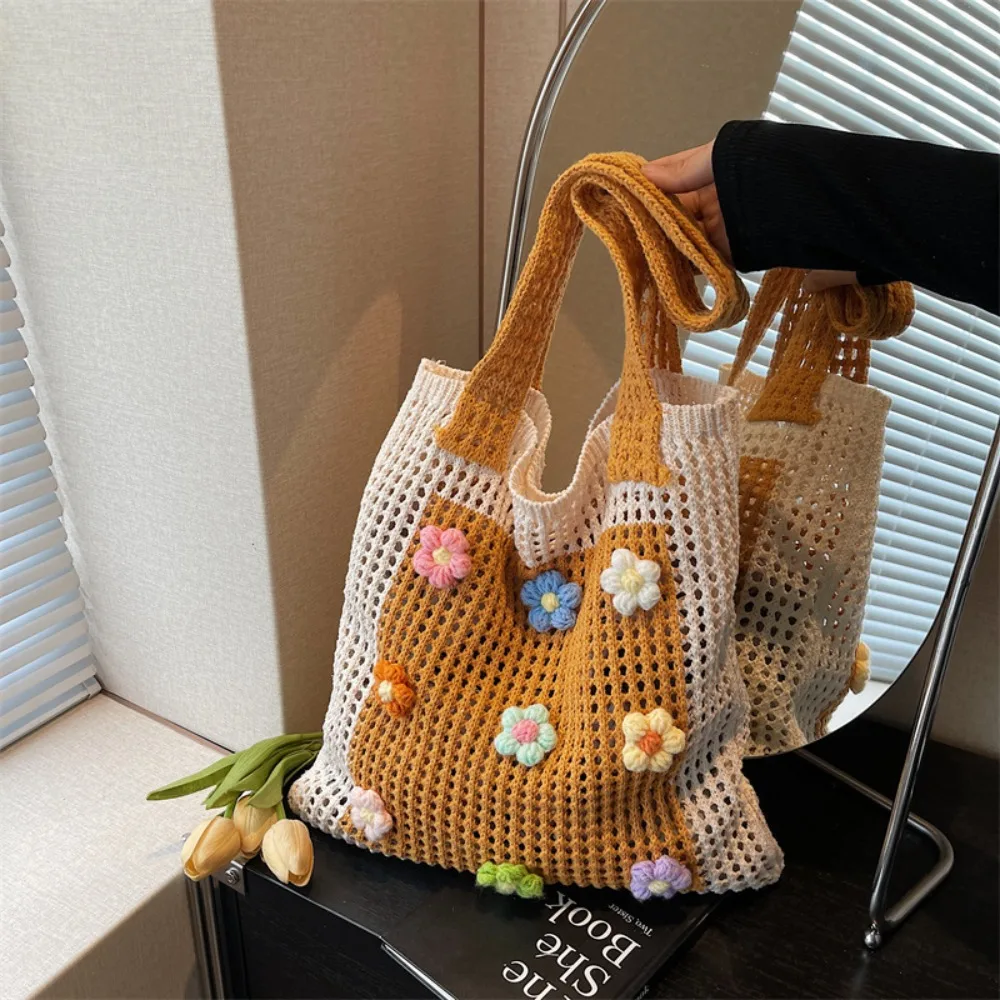

Hollow Out Flower Thread Woven Bag Beach Handbag Bohemian Style Beach Bag Tote Bag Large Capacity Hollow Shoulder Bag Streetwear
