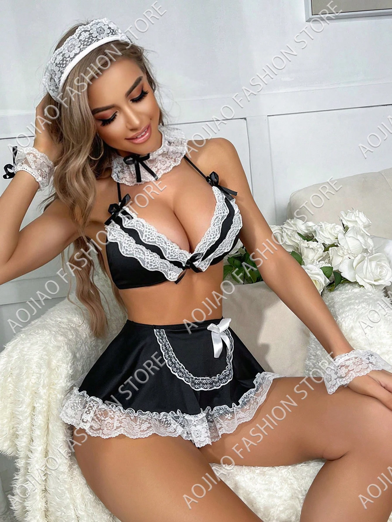 Naughty Maid Role-Play Costume Lace Halter Push Up Bra Contrast Mesh Mini Skirt & Thong Women\'s Sexy Lingerie Underwear