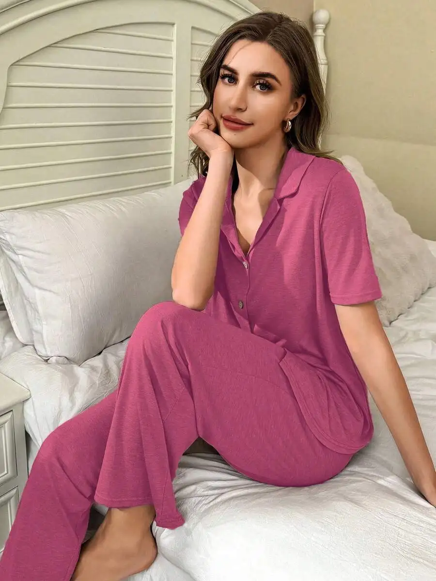 

Soft Skin-Friendly Button Up Pajama Set Women Casual Lounge Wear