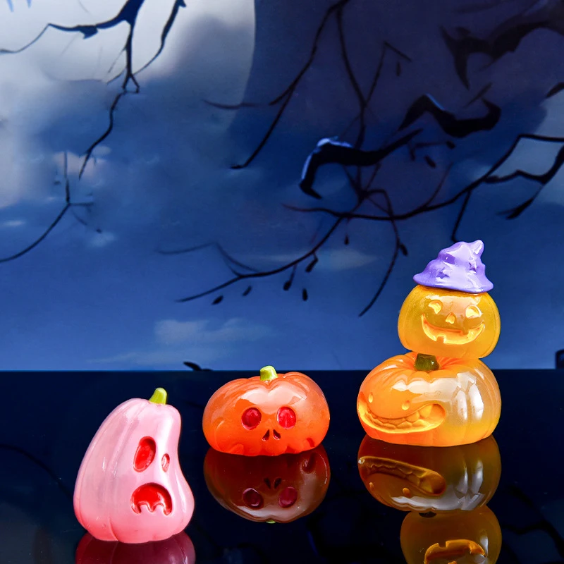 Mini Luminous Halloween Ornament Cartoon Pumpkin Skull Ghost Figurine Micro Landscape Car Interior Home Desktop Decoration