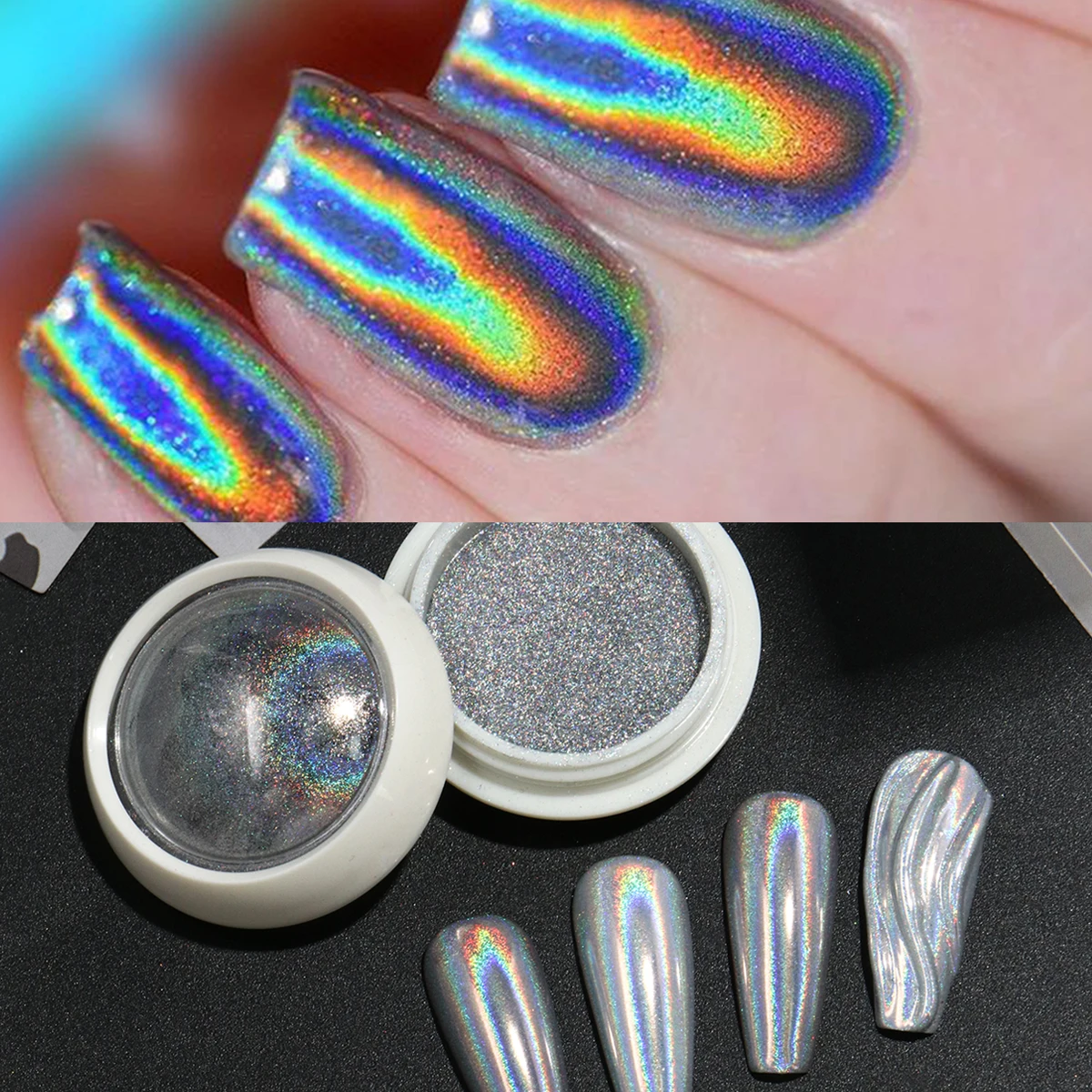 1 صندوق مسحوق أظافر ثلاثي الأبعاد كروم ليزر فضي مرآة سحرية مسمار بريق معدني تأثيرات لامعة فرك رقائق الغبار #4