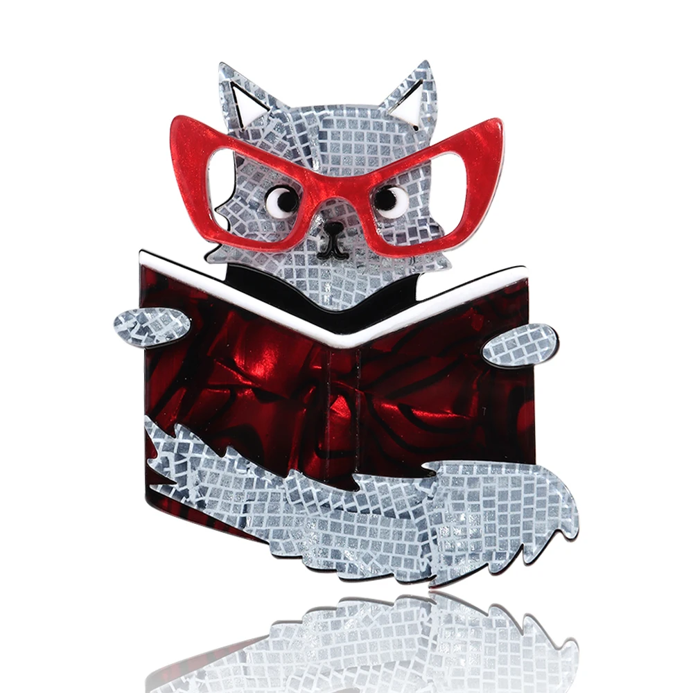 Funny Acrylic Fox Reading with Glasses Splicing Brooches for Women Unisex Lovely Cartoon Animals Badge Pins Clothing Accessory