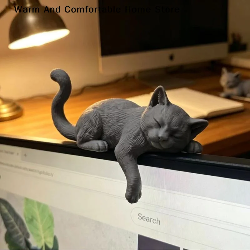 【W】3D Printed Lazy Cat Monitor Edge Ornament Minimalist Cute Desktop Topper for Home Office Cat Enthusiast Gift