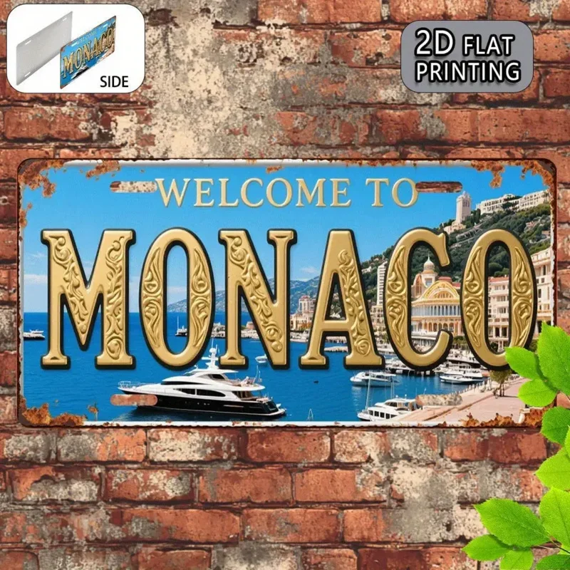 HD Tin Sign, Vintage Welcome To Monaco License Plate Metal Wall Art, Retro Luxury Yacht Harbor Decor for Bar Man Cave, Europe
