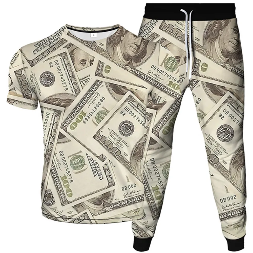 Men Women Fashion Tracksuit US 1 Dollar 100 Money Print Cool T-Shirt+Trousers 2pcs Sets Clothes Male Female Plus Size S-6XL Suit