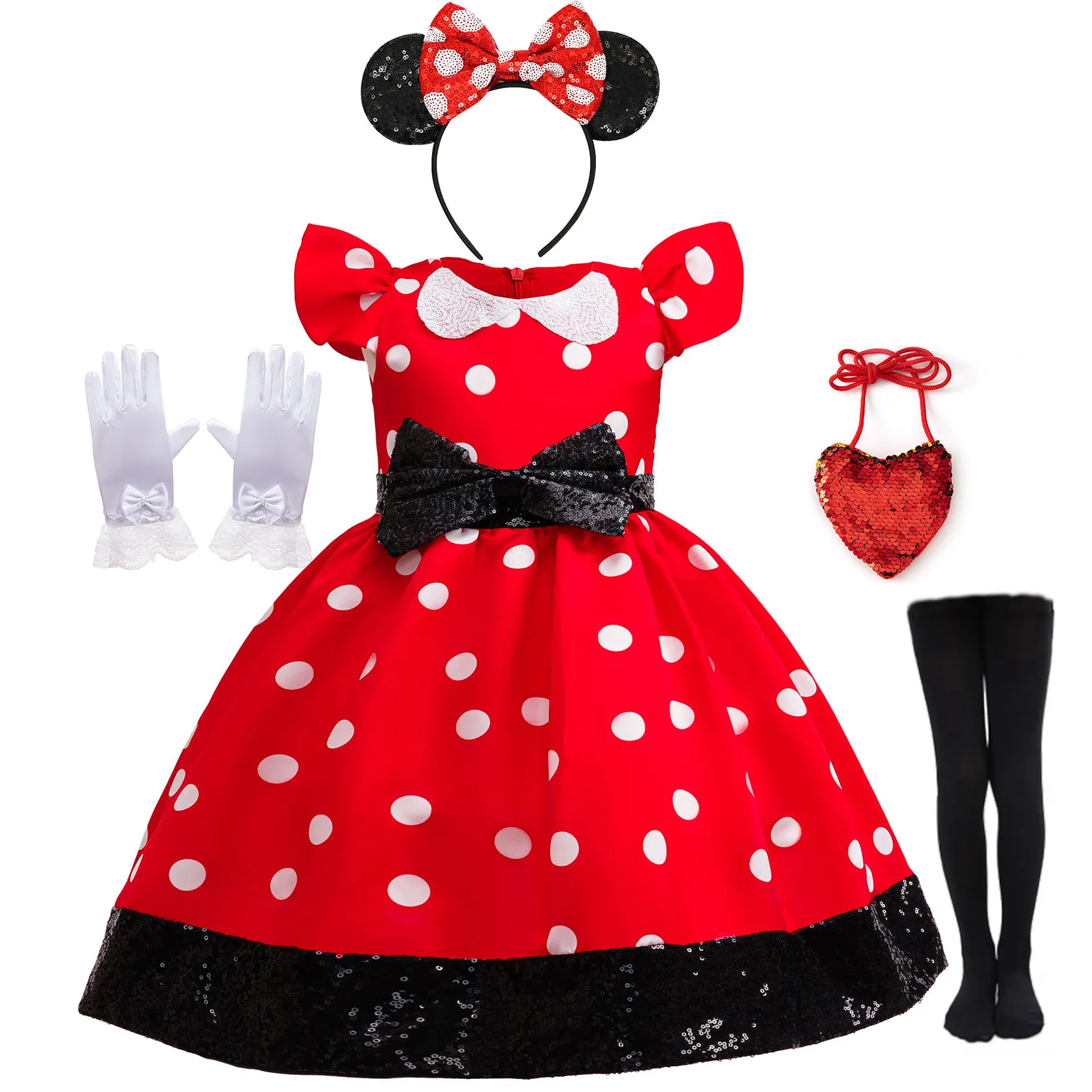 Lindo Vestido de Princesa con Puntos Rojos y Blancos para Niñas Pequeñas, Lazo de Lentejuelas Negras, Disfraz de Minnie para Fiesta de Cumpleaños, Ropa de Carnaval y Cosplay