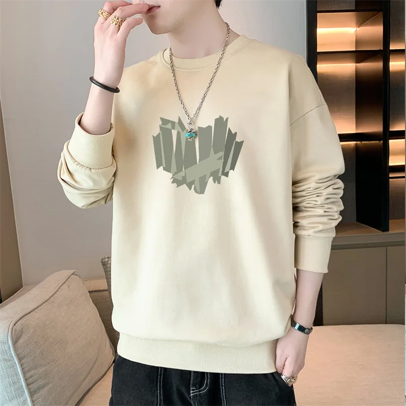 New Spring Autumn Men's Round Neck Hoodies Fashion Trendy Printed Geometric Solid Color Long Sleeve Pullover Casual Bottom Tops