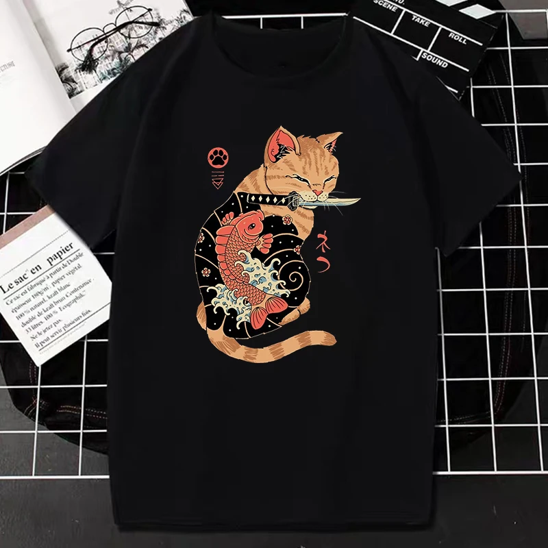 Catana T Shirts 90s Vintage Japan Aesthetics Tops Funny Cartoon Cat Print Tee Women Men Fashion Short-sleev Tees Samurai Shirt