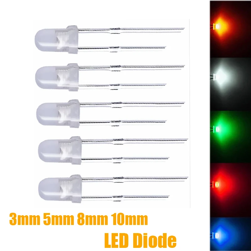 50/100PCS Nebel Diffused LED Diode Kit 3/5/8/10mm Mehrfarbig Weiß/Grün/Rot/Blau/Gelb Leuchtdioden für DIY-Projekte