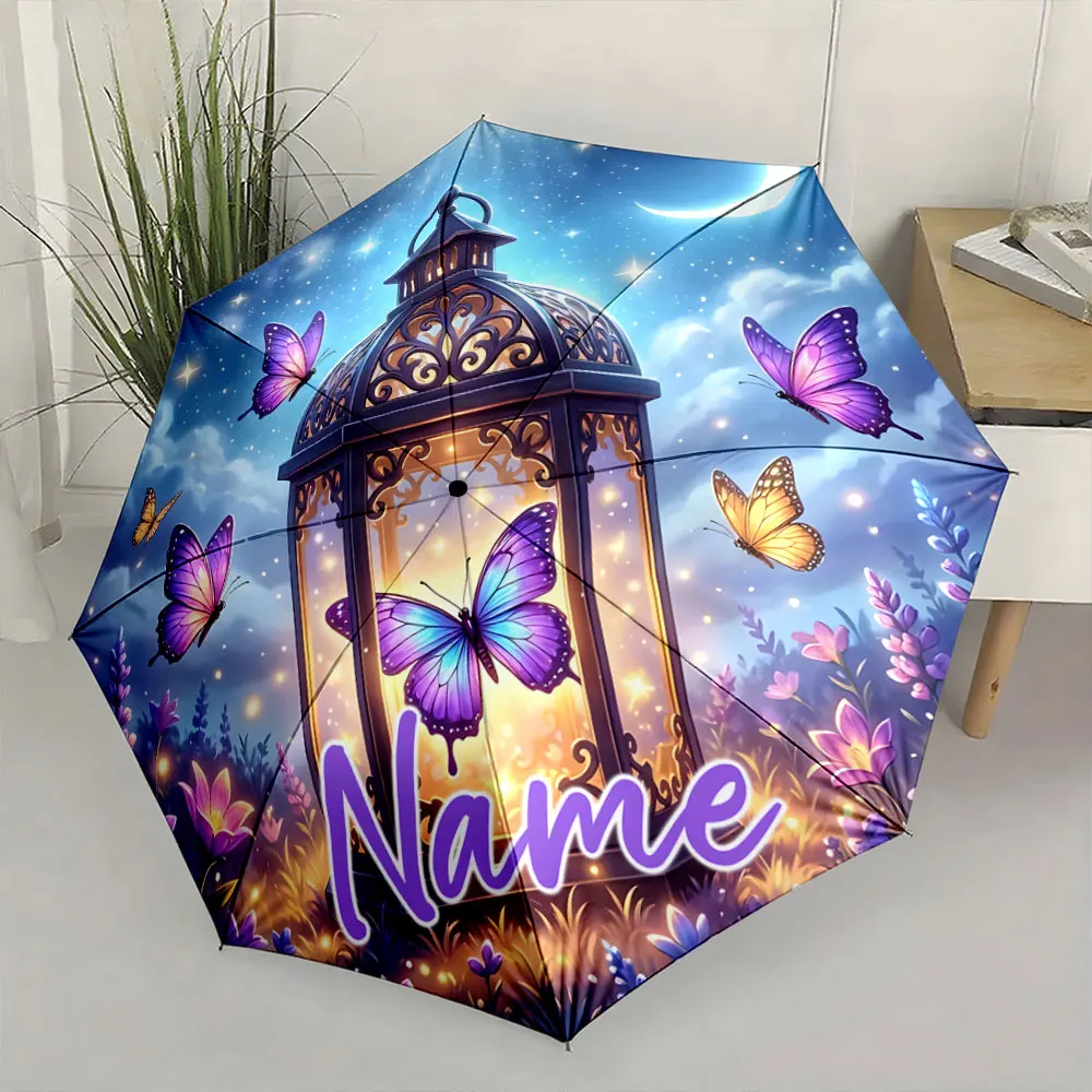 Custom Name Whimsical Lantern and Butterfly Umbrella Design Print 8 Iron Ribs Folding Umbrella Auto-Open Fashion Sunshade