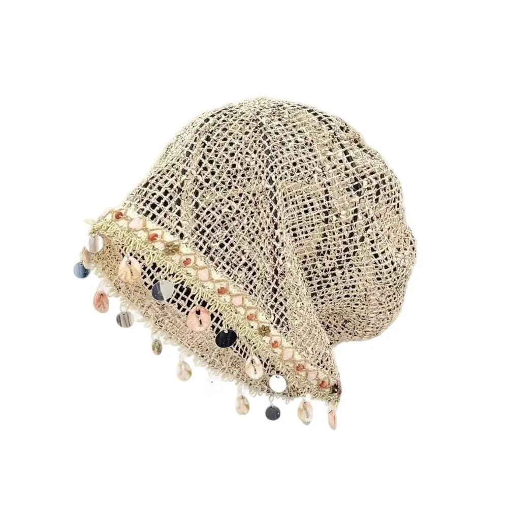 Seasheel Tassel Trim Mesh Beanie for Women Breathable Versatile Knit Skull Cap Soft Hollow Out Beaded Crochet Cap Spring Summer 3