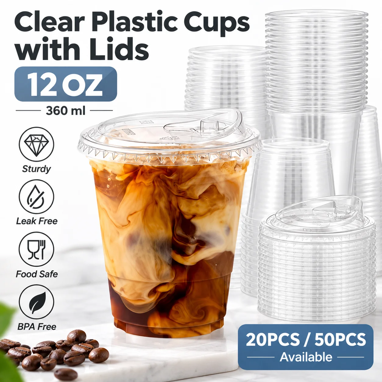 12oz Clear Plastic Cups with Lids Sturdy Iced Coffee Cups with Sip Lids Disposable Plastic Smoothie Cups for Cold Drinks
