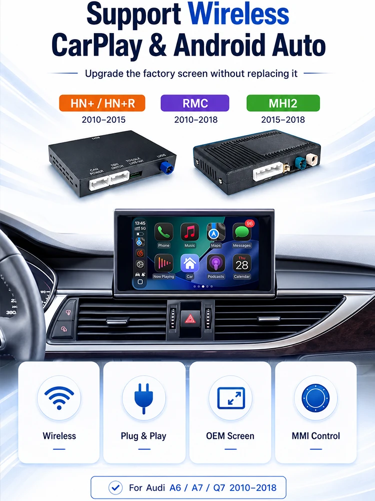 UTOTOP Bezprzewodowy dekoder Apple CarPlay Android Auto do Audi A6 C7 4G S6 RS6 A7 4G S7 RS7 Q7 4M 2010-2018 RMC HN HN+ MHI2 Oryginalny ekran Retrofit Interfejs AirPlay MirrorLink Bluetooth AUX USB — 2