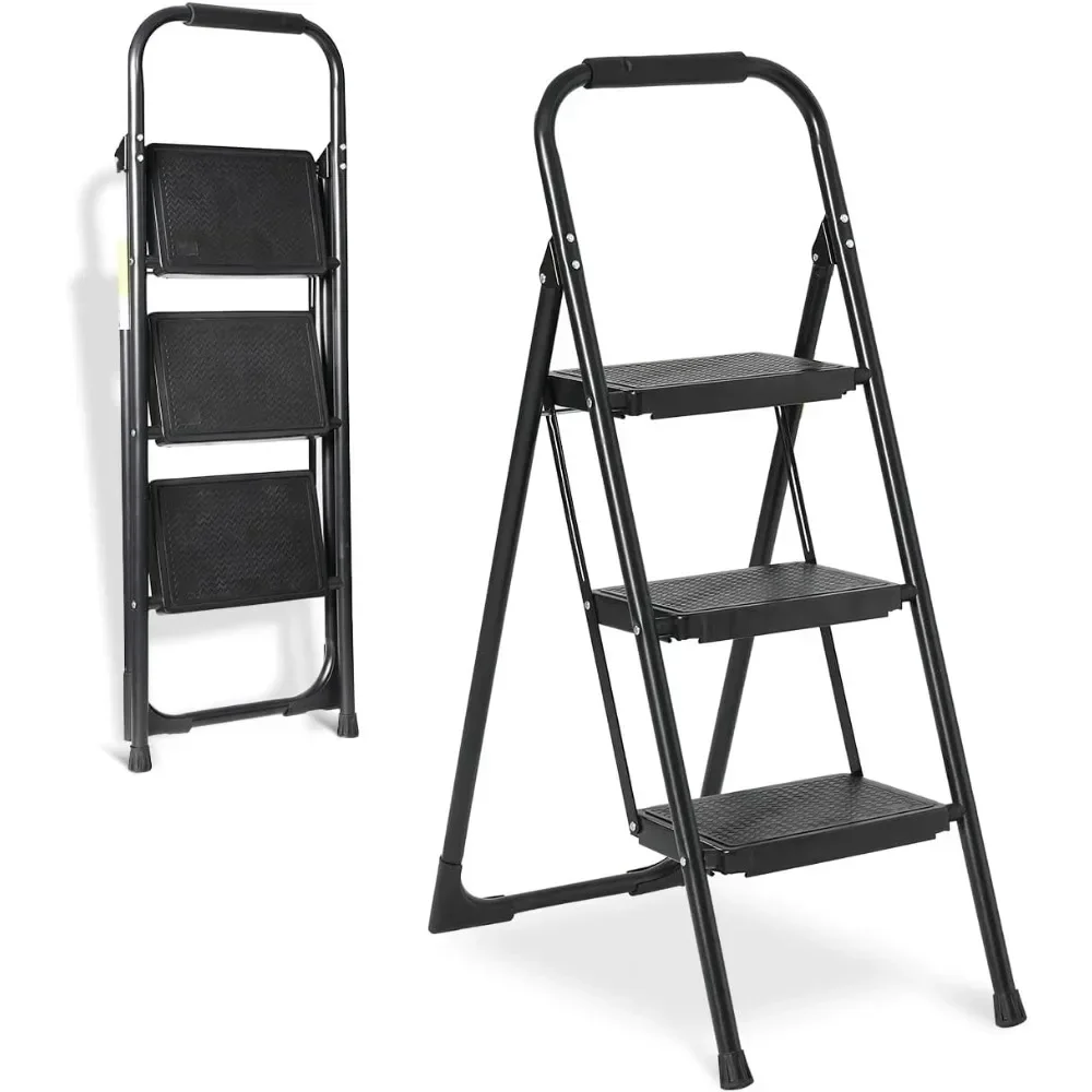 Step Ladder 3 Step Folding with Handgrip, Heavy Duty 440Lbs Load Step Stools for Adults, Safer Ladder for Home/Kitchen