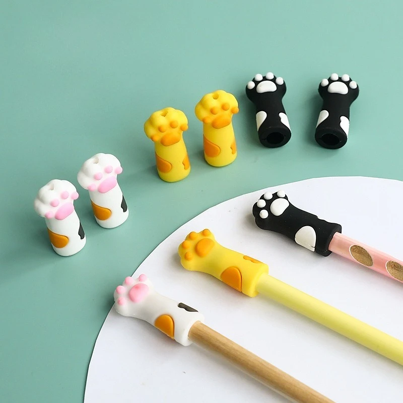 6Pcs/Set Cute Cat Paw Pencil Cap Pencil Extender Soft Pencil Tip Protector Cover for Hex Round Triangle Pencils Kids Stationery