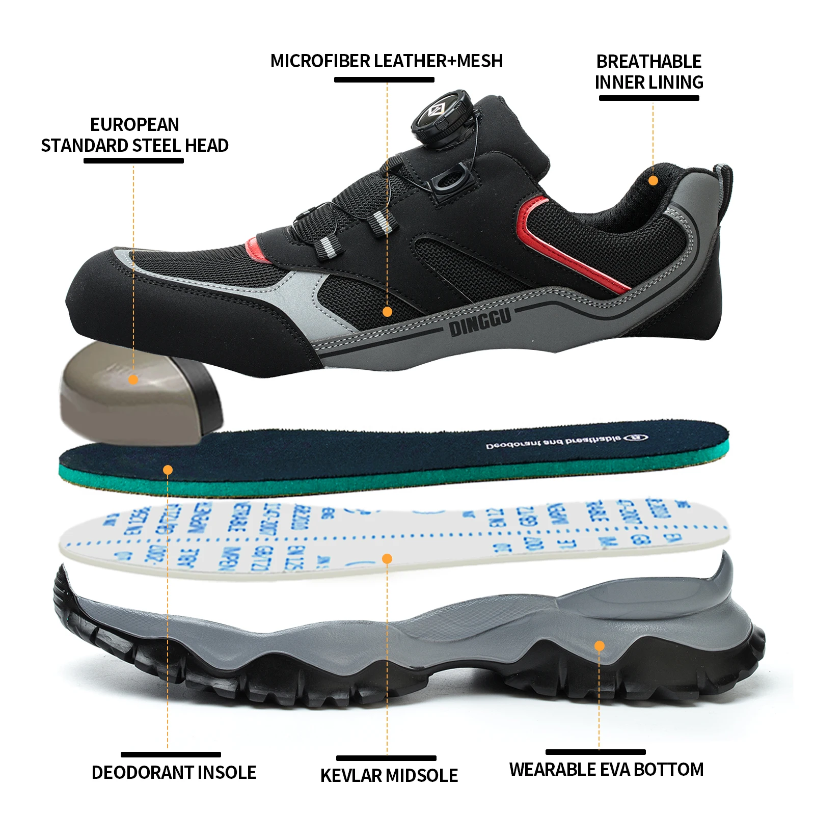 Men's Breathable Steel Toe Lace Up Work Sneakers Men's Anti-skid Safety Work Shoes